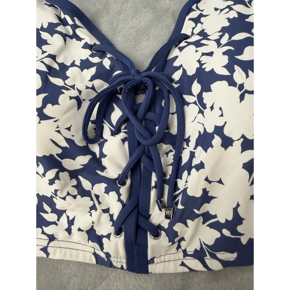 Michael Kors X2712 Printed Lace-up V-Neck Bikini Top - Chambry Size S $102 NEW